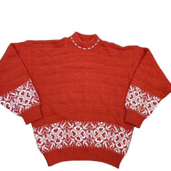 Vintage 90s Red Mockneck Sweater Hearts Balloon Sleeve Textured Nordic Sz‎ S/M - Picture 1 of 8